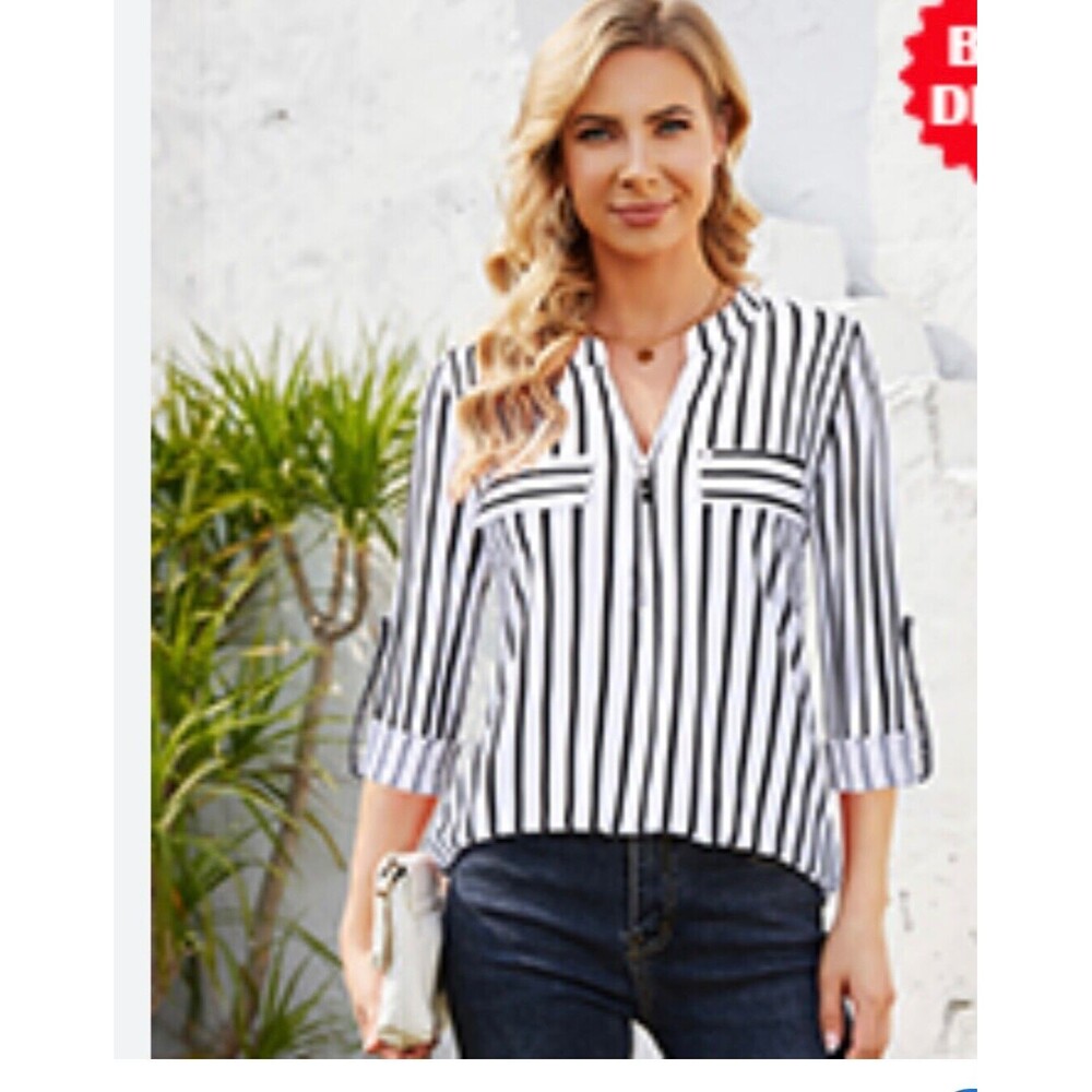 Bulotus, women’s black & white stripe blouse w/ roll tab sleeves, zip front,